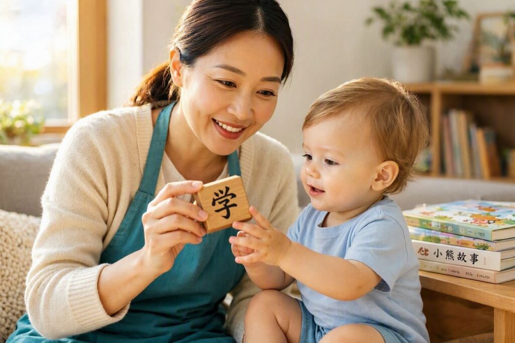 A mandarin nanny is teaching a child to play in Mandarin